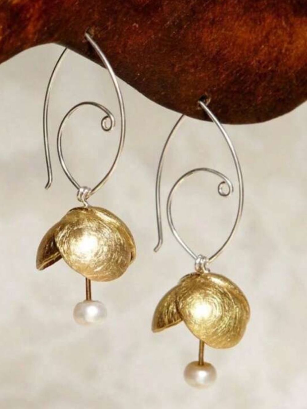 Mixed Metal Leaf & Pearl Drop Earrings in Gold and Silver R 553 - Picture 2 of 5